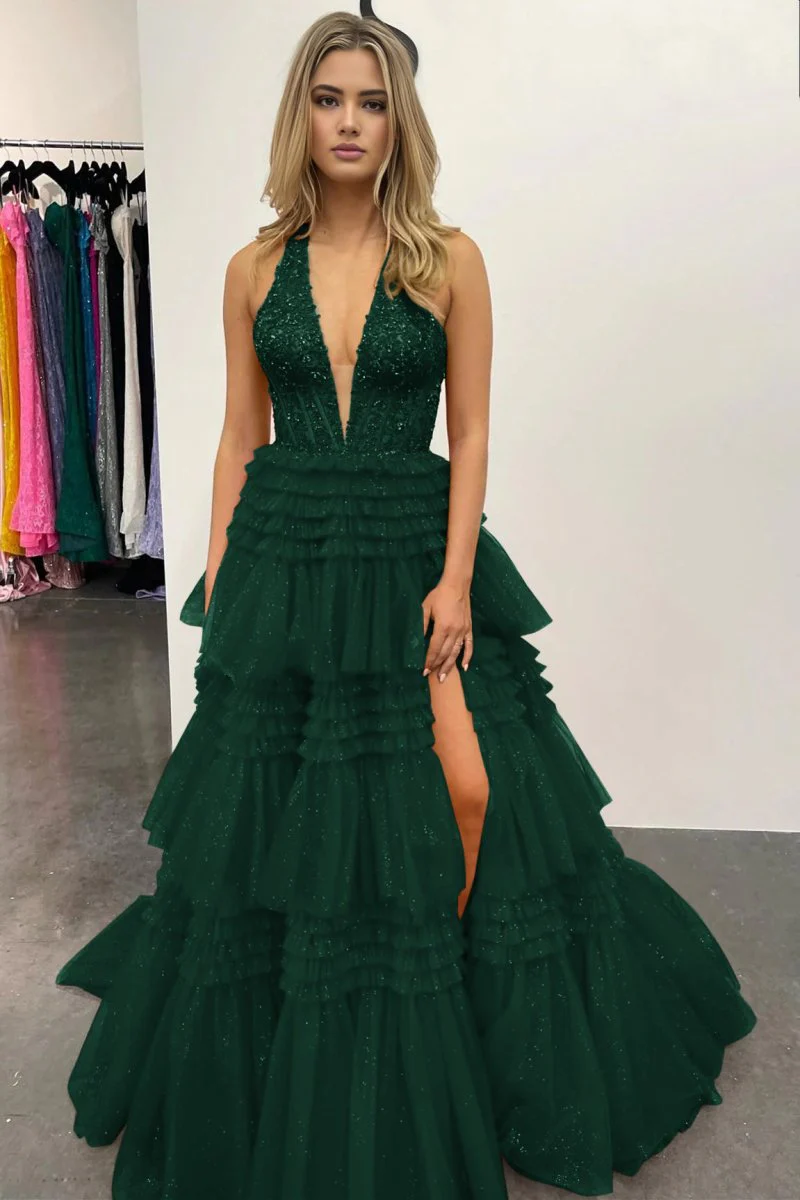 Morton|Red Tulle Appliques Halter Ruffle Tiered Ball Gown