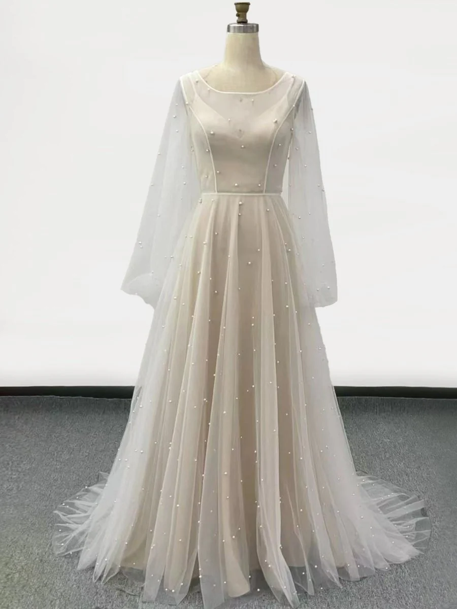 Franceska | Simple Modest A-Line Long Sleeve Tulle Elopement Illusion Wedding Dress with Pearl