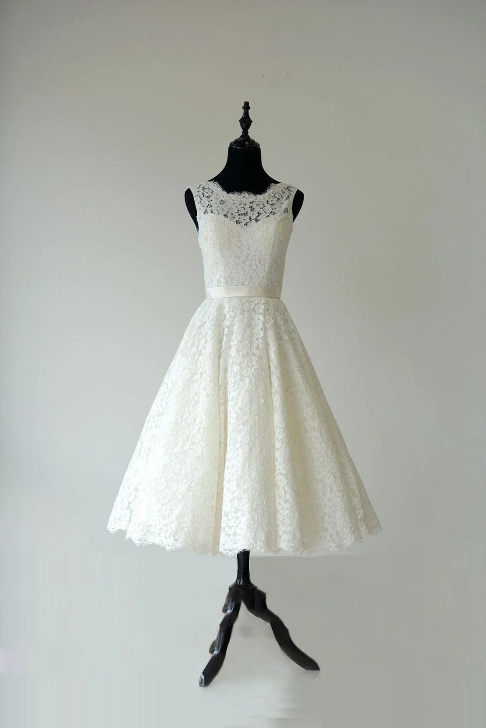 Sleeveless Sheer Illusion Neckline Tea Length Garden Bridal Dress With Waistband