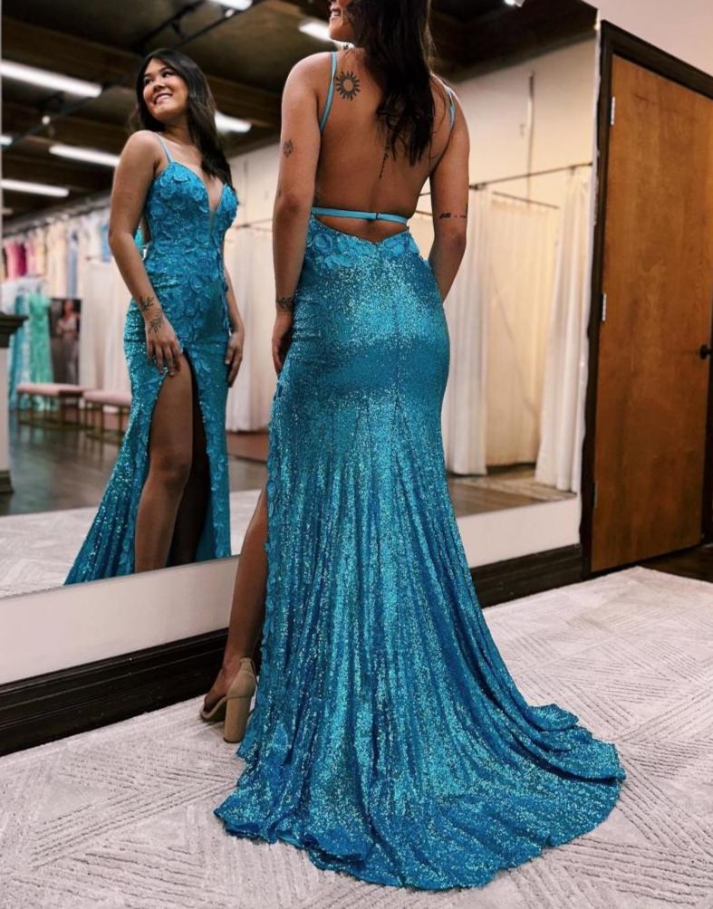 Miracle |Mermaid V Neck Sequins Prom Dress with Slit
