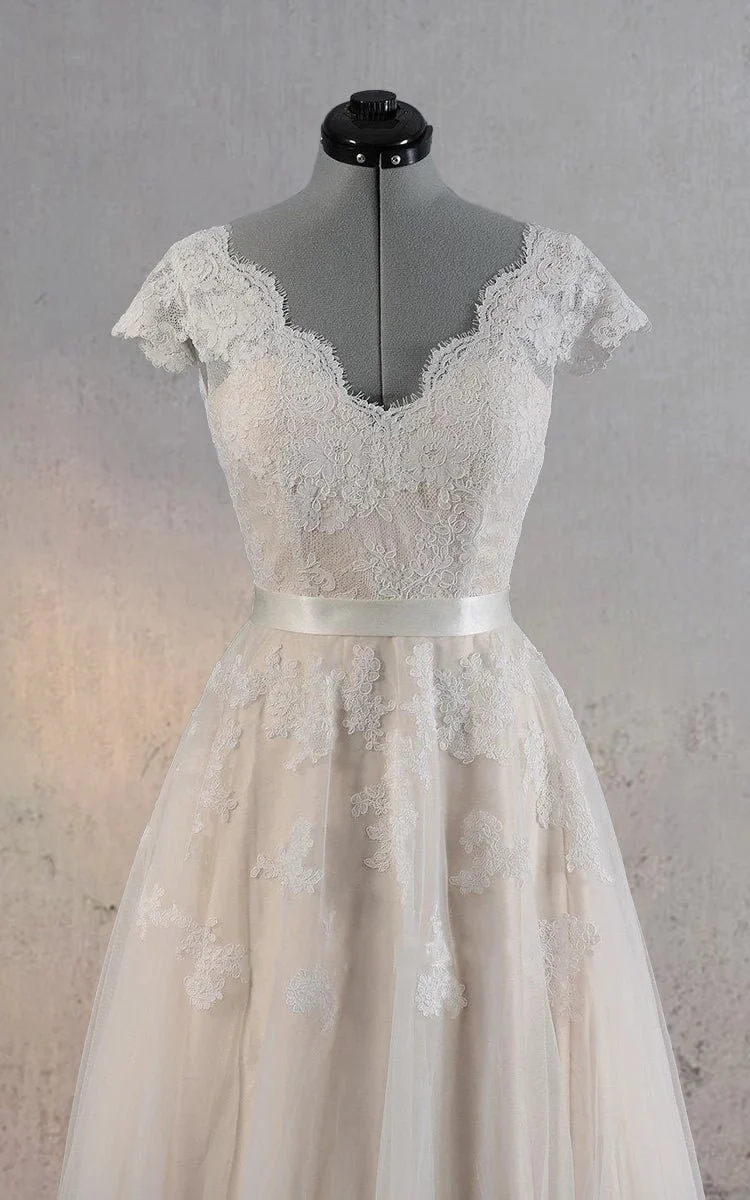 Cap Sleeve V-Neck Lace Wedding Dress With Tulle Skirt and V-Back