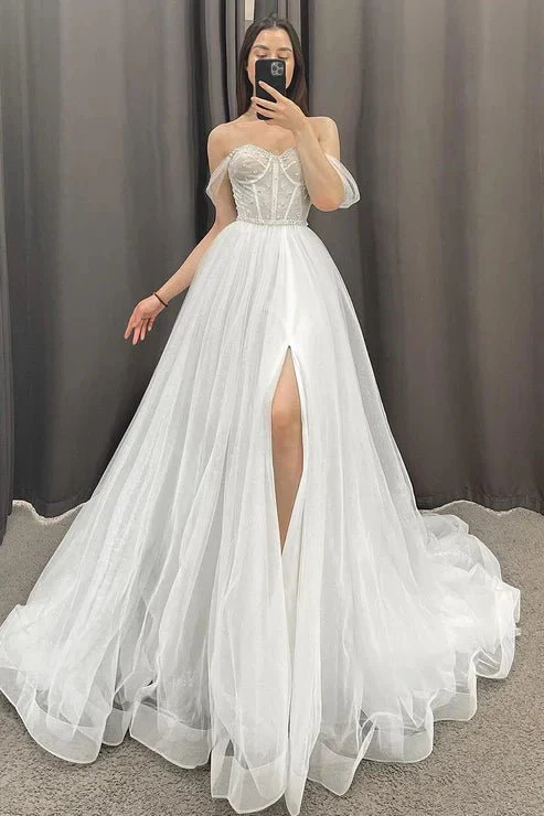 A-line Off the Shoulder Beads High Split Rustic Wedding Dress