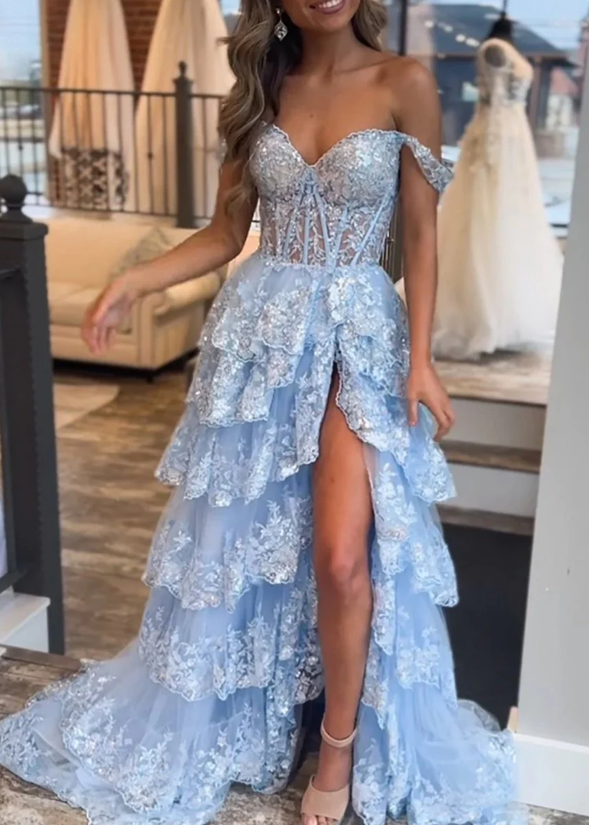 Capri | A-Line Lace Off-the-Shoulder Tiered Long Prom Dress with Slit