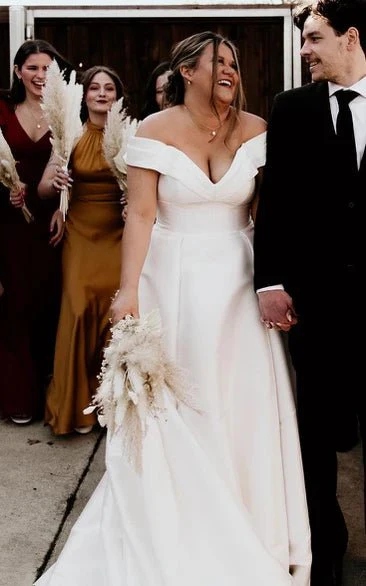 Romantic Off-the-shoulder A-Line Satin Wedding Dress With Button Back