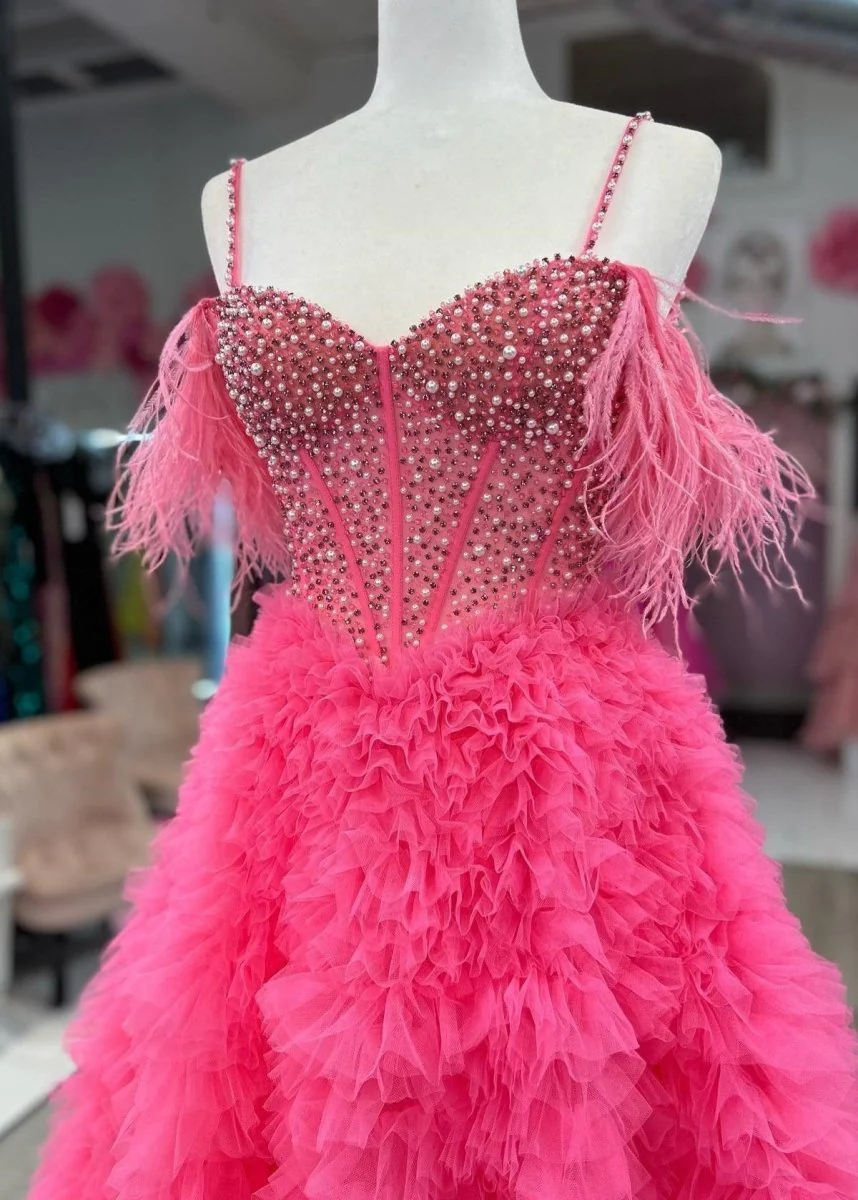 Astrid |A Line Off the Shoulder Tiered Tulle Prom Dress With Slit