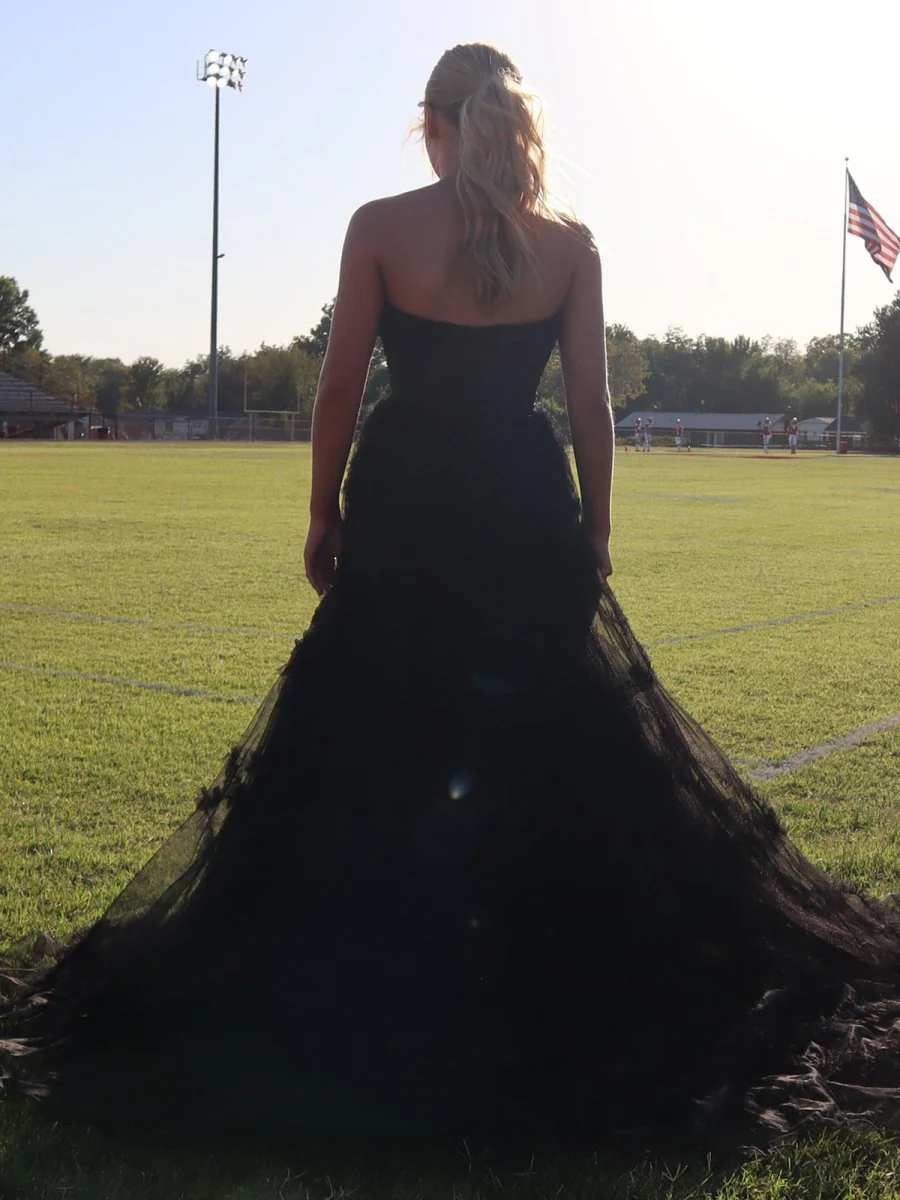 Arcanae | Black Strapless Tulle A Line Lone Prom Dress