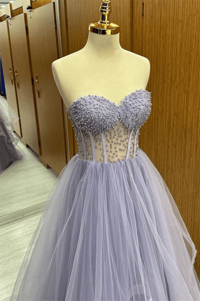 Brandy | Lilac Strapless Beaded Ruffle-Layers Tulle Long Prom Dress