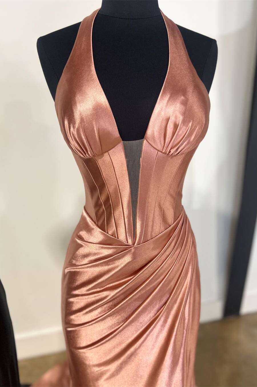 Josie | Navy Halter Corset Mermaid Plunging Deep V-neck Ruched Long Formal Dress with Slit