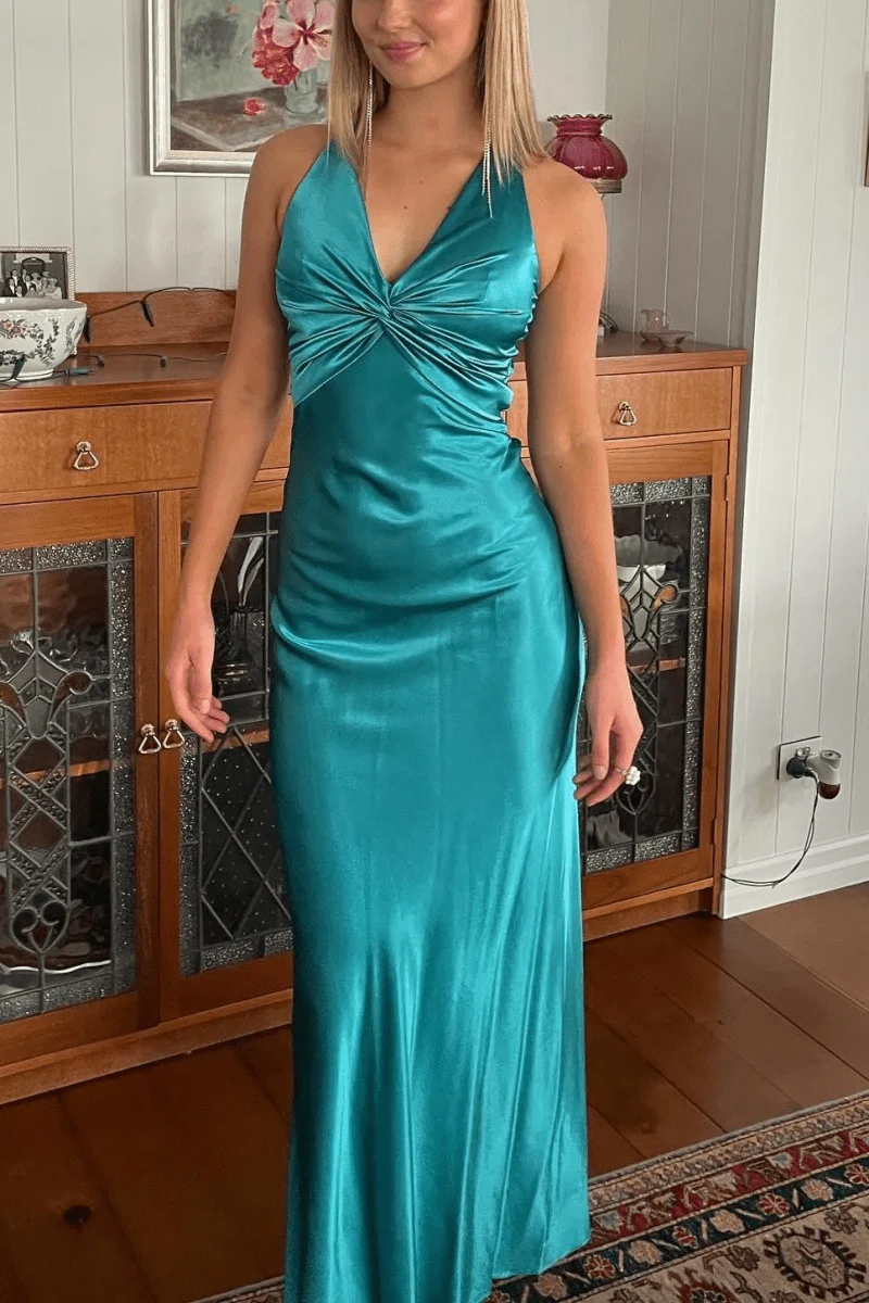 Steph | Halter V-Neck Pleated Satin Sleeveless Long Prom Party Dress