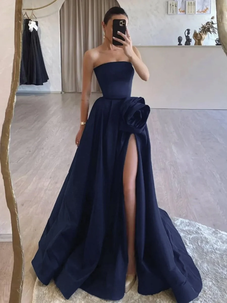 Vanora | Black Strapless Satin Long Prom Dress With High Split