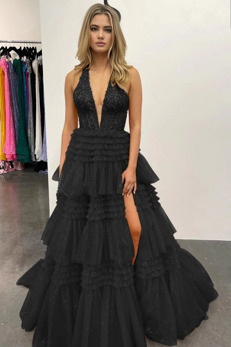 Morton|Red Tulle Appliques Halter Ruffle Tiered Ball Gown