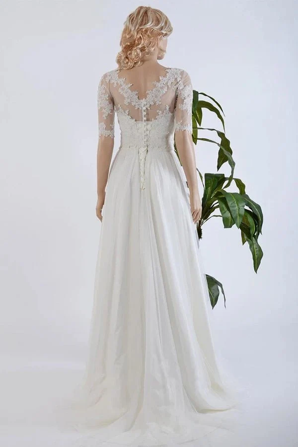 A-Line Tulle Satin Bowed Lace Bolero Wedding Dress