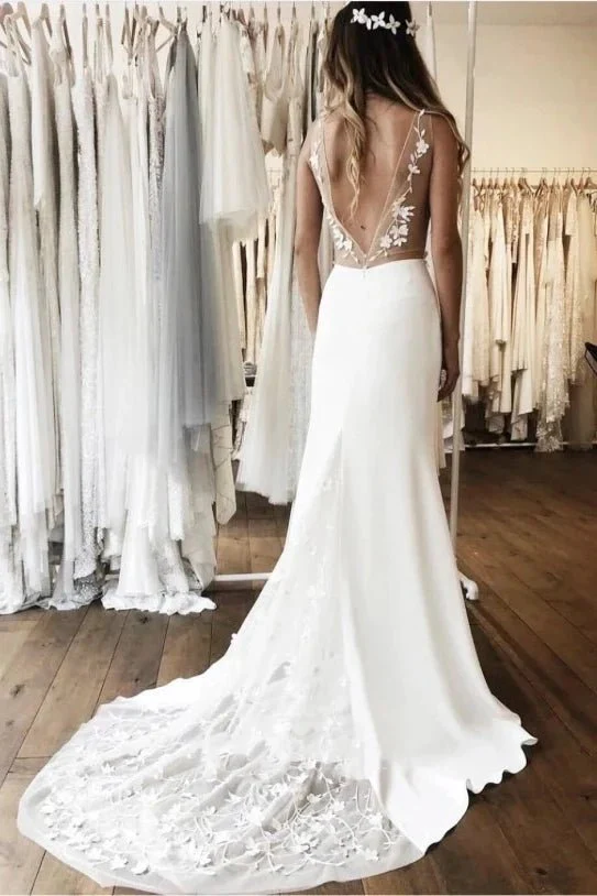 Lawren | Simple Sleeveless Plunging Satin Wedding Dress With Illusion Deep V-back And Lace