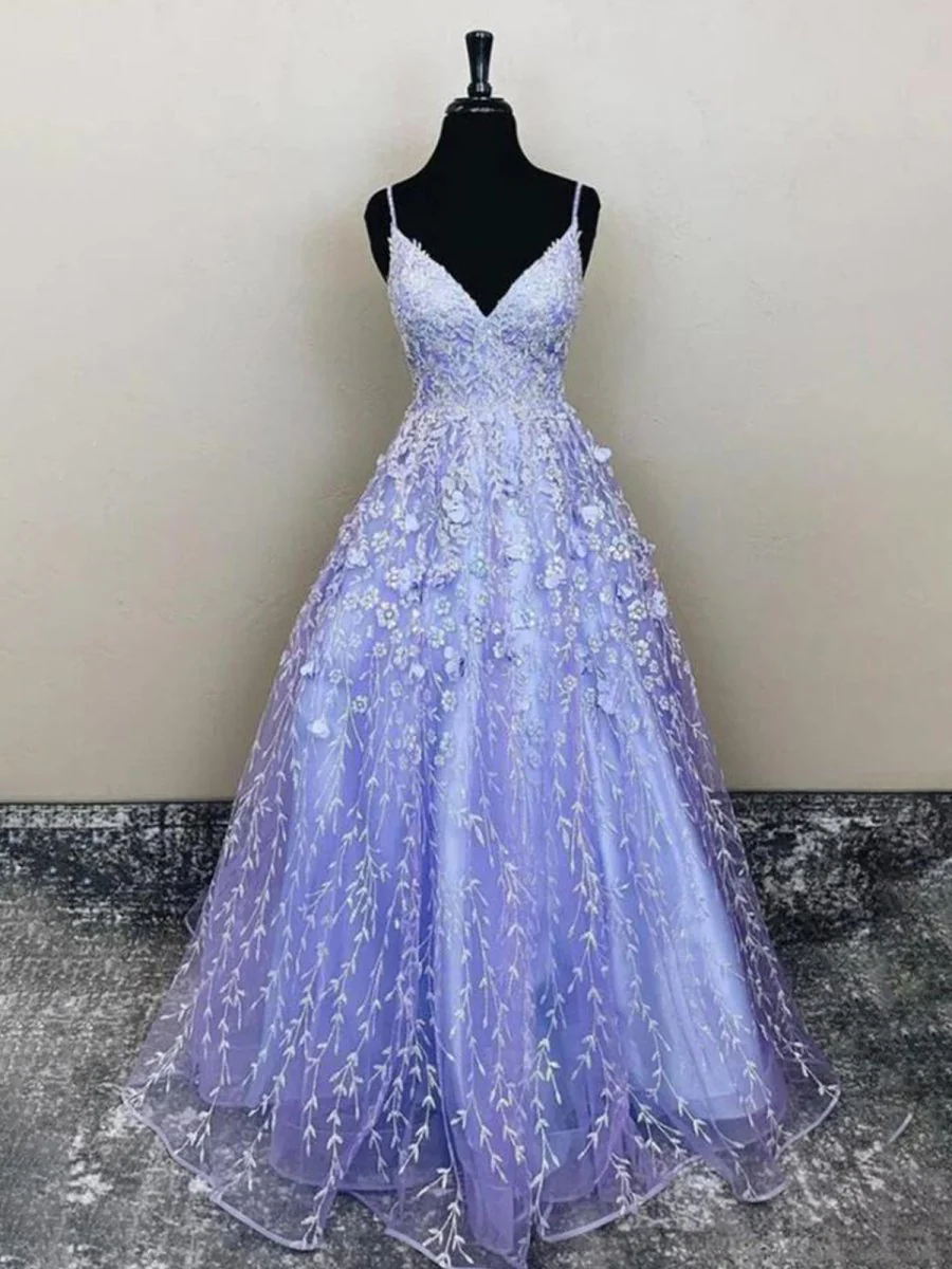A Line Spaghetti Straps Lilac Corset Prom Dress with Appliques