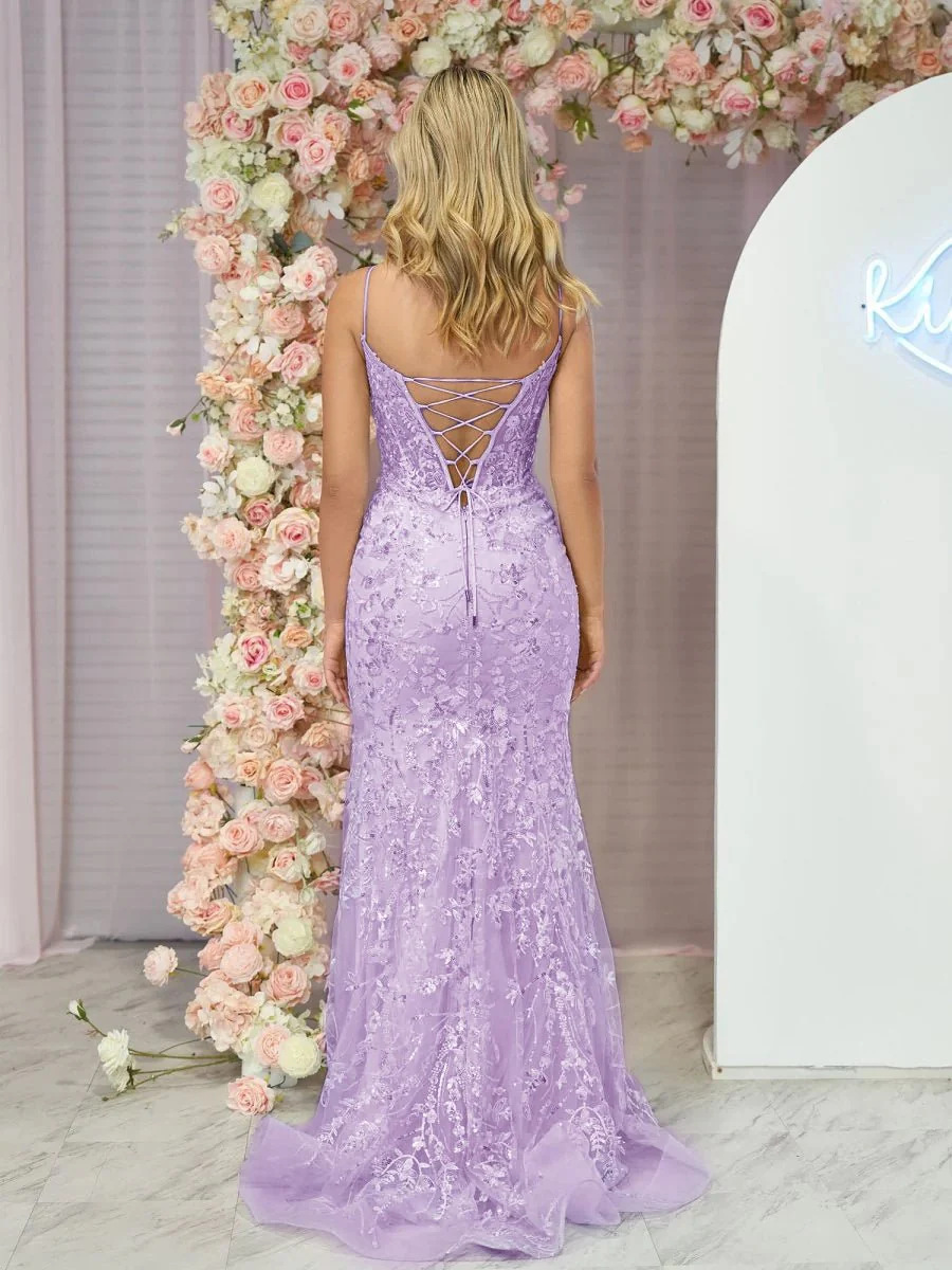 Margaret | Straps Light Blue V-Neck Sequin Appliques Mermaid Prom Dress