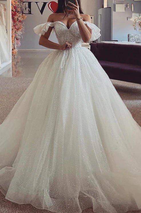 Off-Shoulder Glitter Tulle A-Line Sequined Beaded With Train Wedding Dress