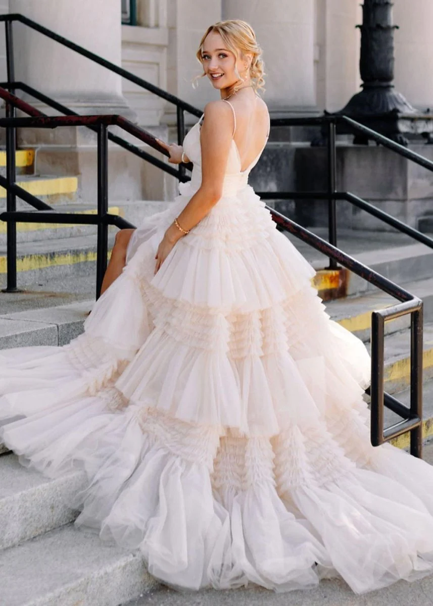 Amanda| A-Line Spaghetti Straps Long Tiered Tulle Prom Dress With Split