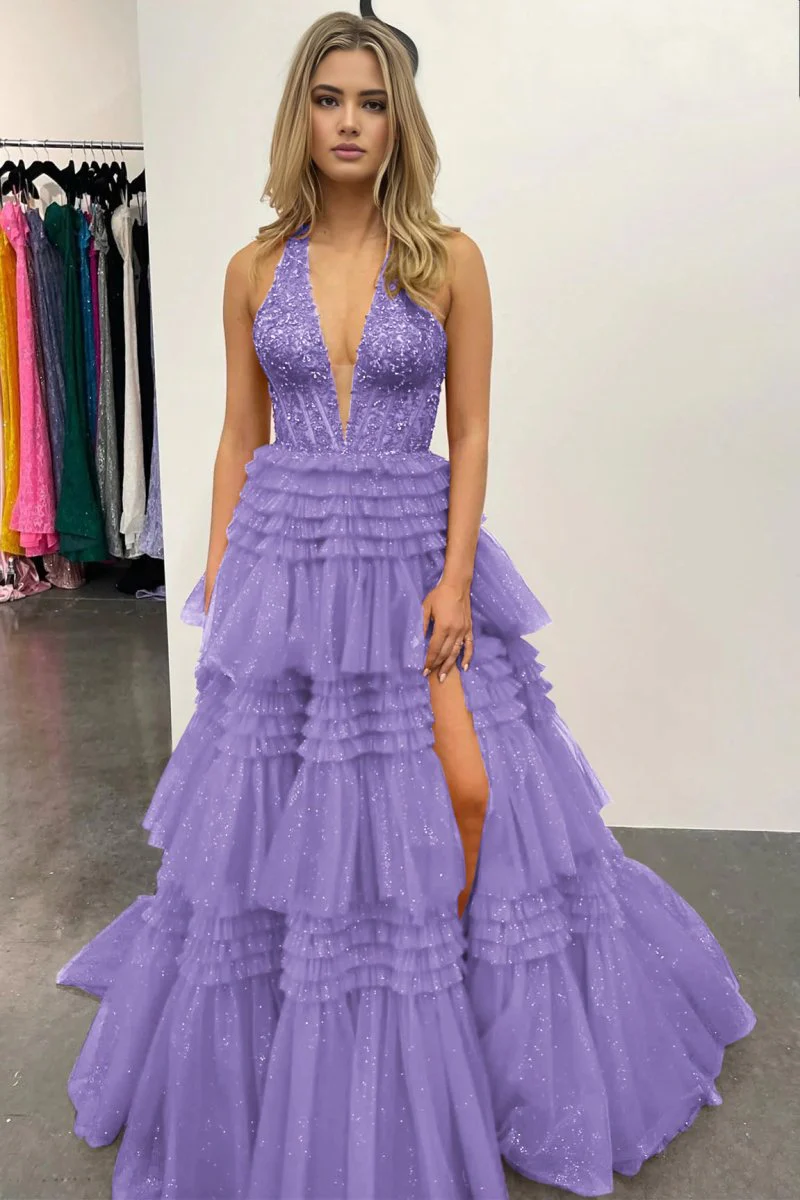 Morton|Red Tulle Appliques Halter Ruffle Tiered Ball Gown