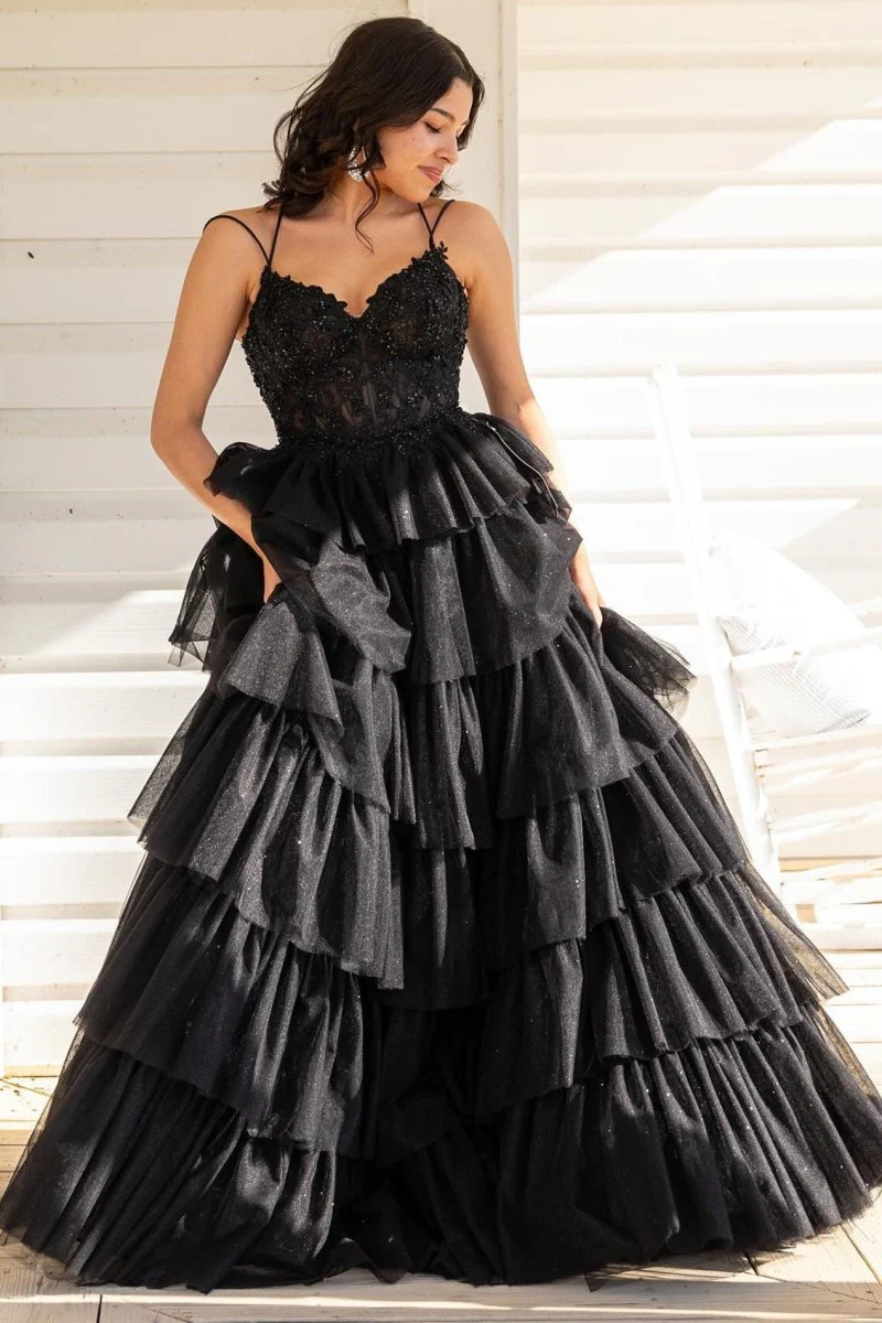 Tiered Ruffle Appliques Corset Long Prom Dress with Spaghetti Straps