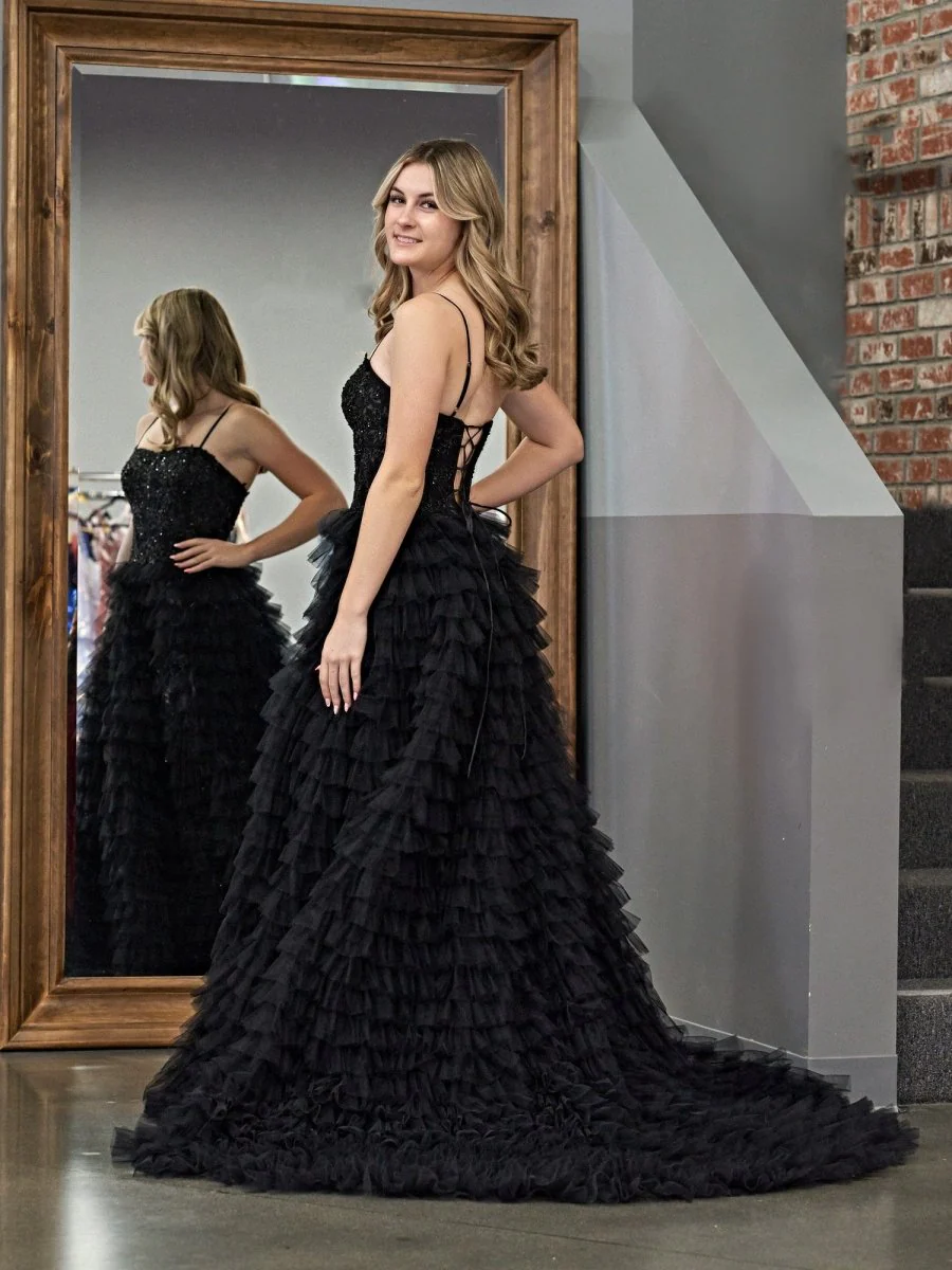 Jordan | Black A-Line Tiered Sequins Tulle Long Prom Dress