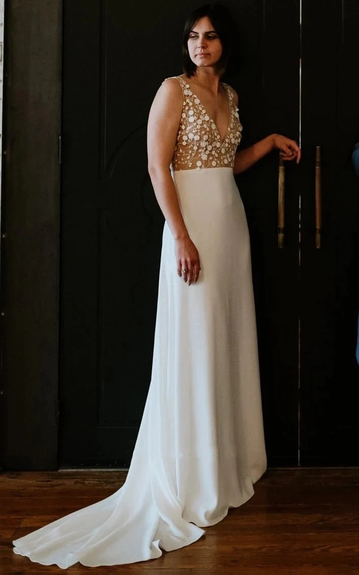 A-Line Satin Simple V-neck Wedding Dress With Low-V Back And Appliques