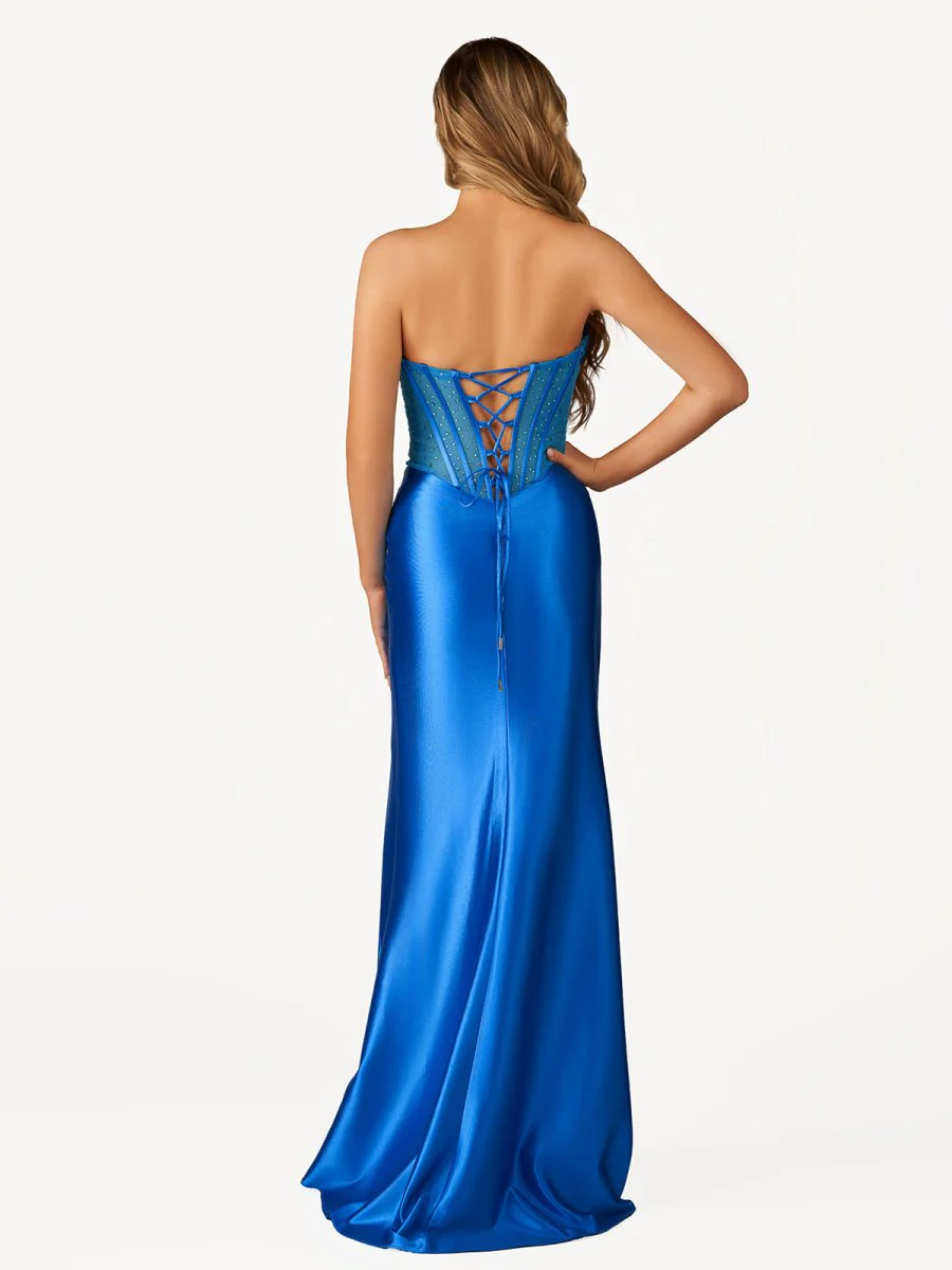 Siva | Royal Blue Strapless Satin Mermaid Prom Dress With Beading