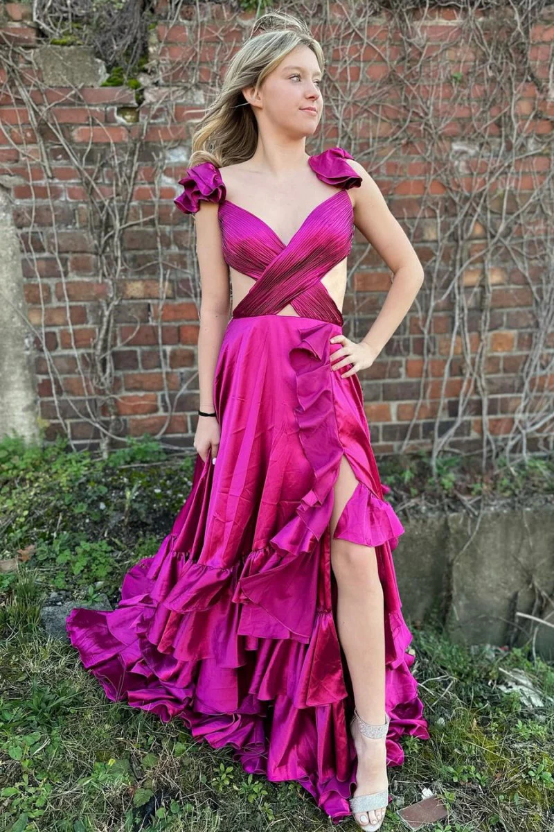 Brittany | Red Cutout Ruffle A-Line Long Prom Dress with Slit
