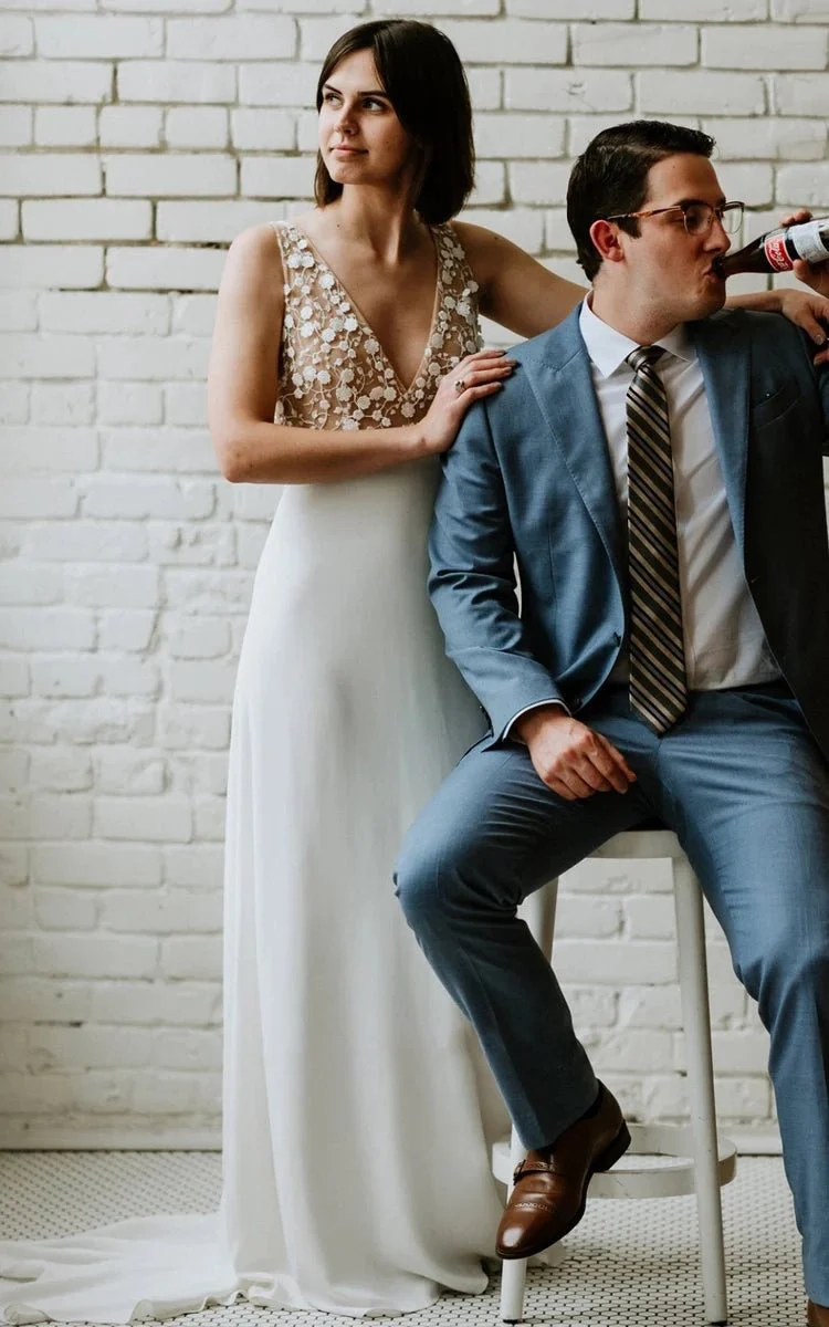 A-Line Satin Simple V-neck Wedding Dress With Low-V Back And Appliques