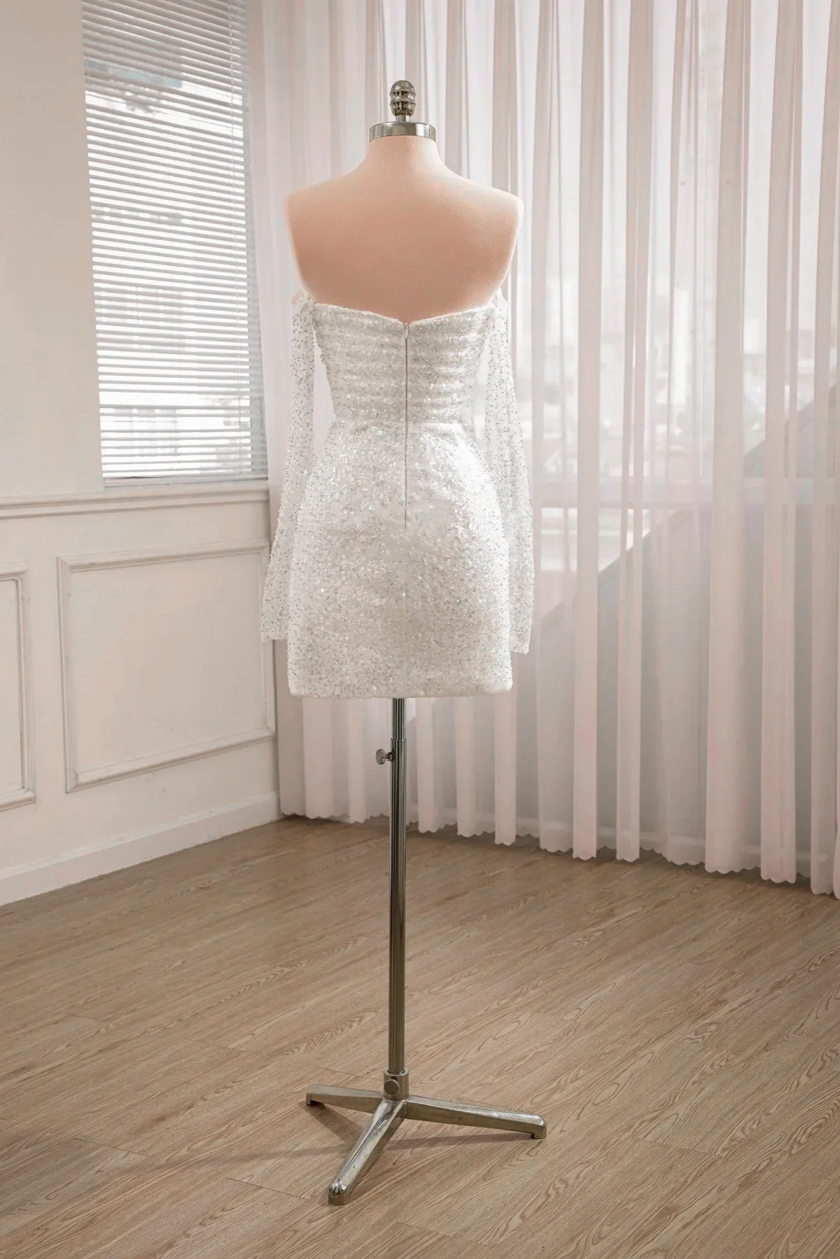 Aelia | Chic Short Sequined Backless Wedding Dress With Long Detachable Sleeves