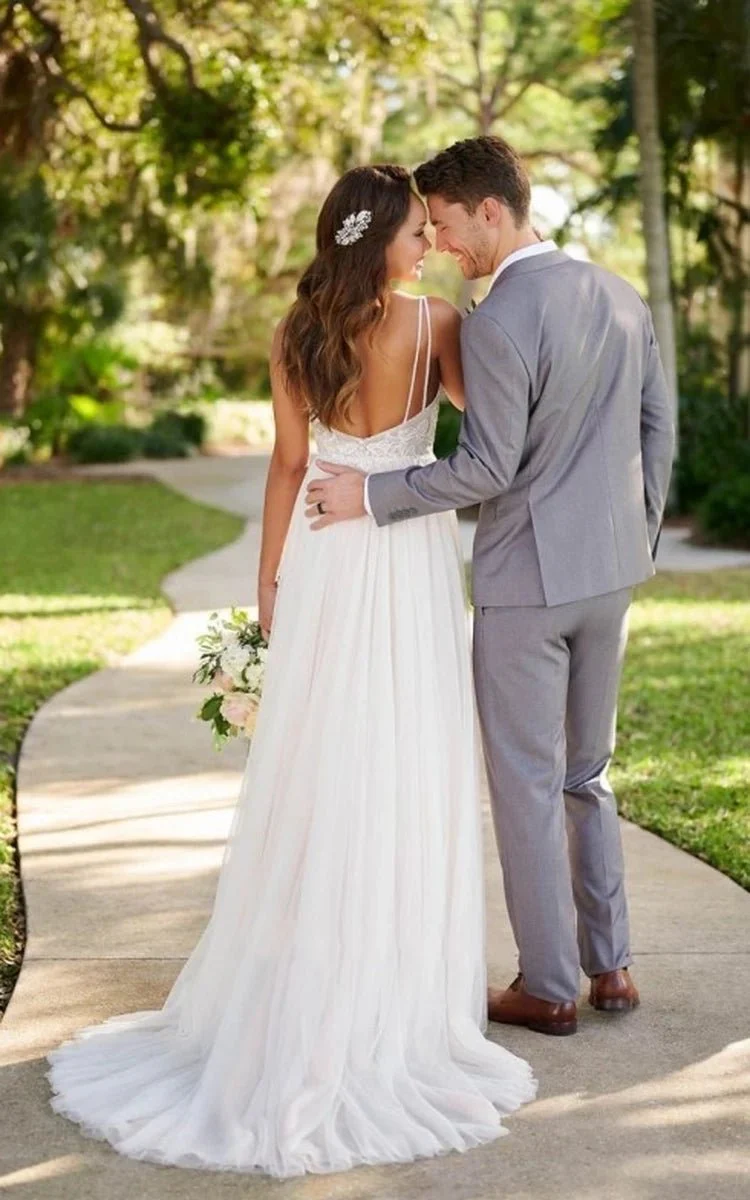 Simple Classic Tulle Applique Wedding Gown Garden A-Line Backless Spaghetti Wedding Dress