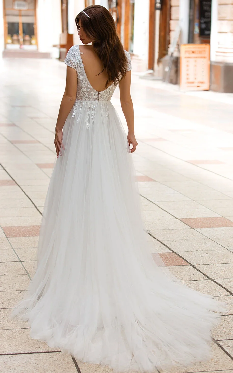 Sexy A Line Plunging Neckline Tulle Sweep Train Wedding Dress with Appliques
