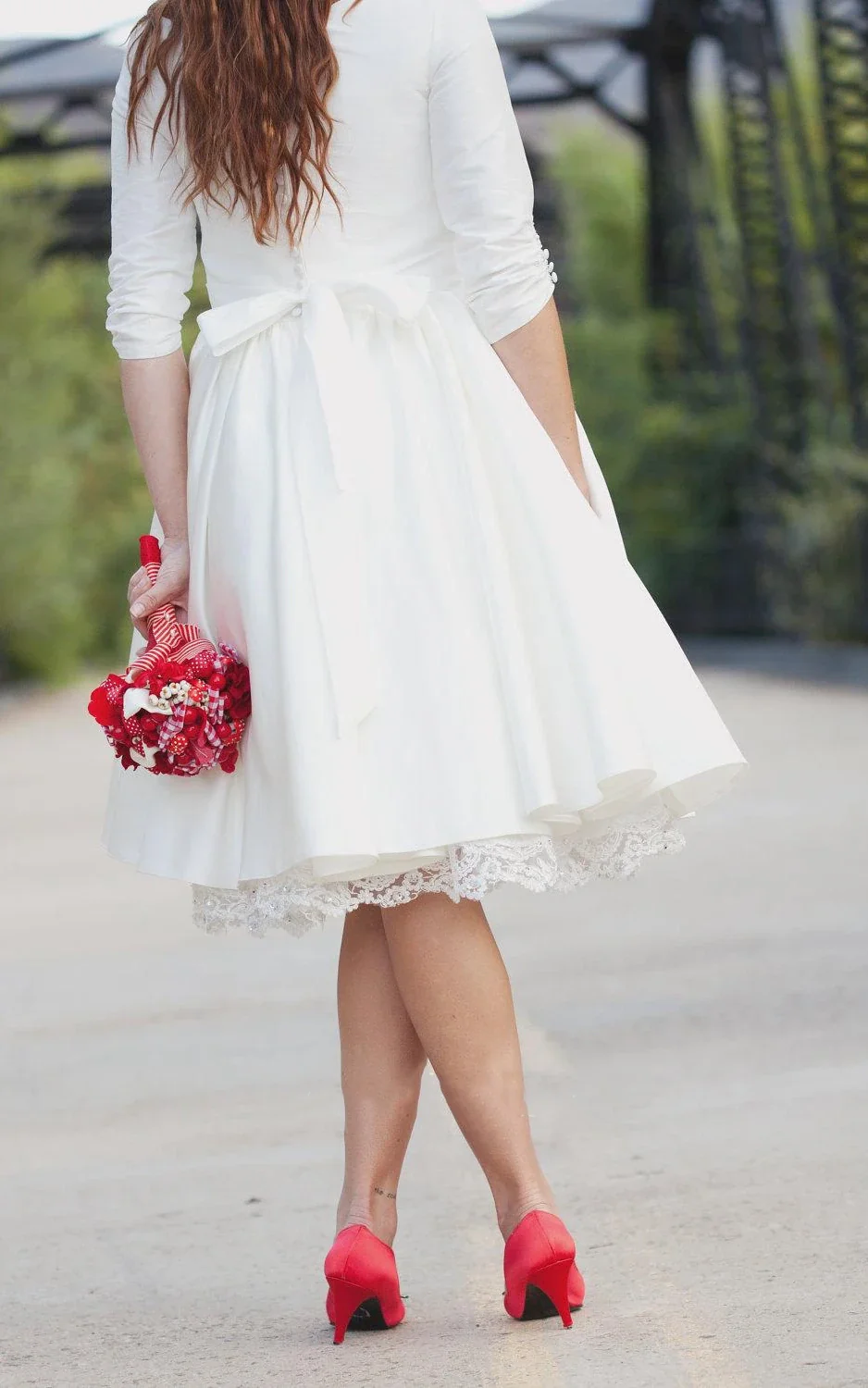 Knee Length Wedding Dress With 3/4 Sleeves