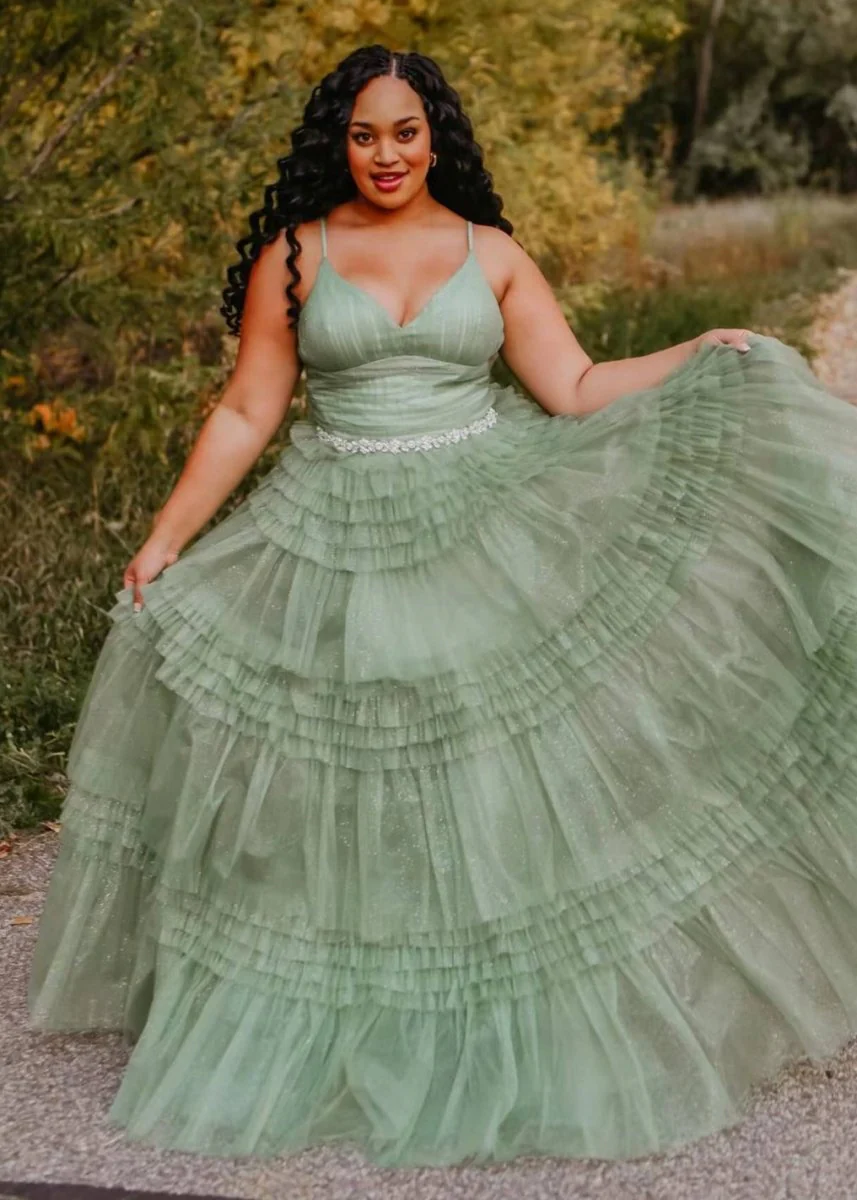 Amanda| A-Line Spaghetti Straps Long Tiered Tulle Prom Dress With Split