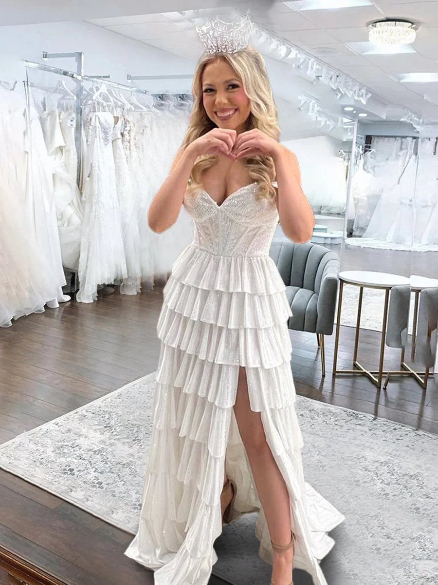 Verve | A Line V Neck Satin Tiered Long Prom Dresses With Beads