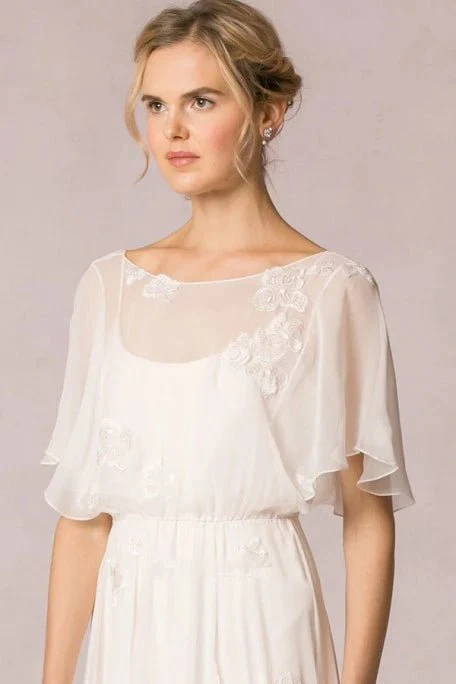 Sheath Scoop-Neck Floor-Length Poet-Sleeve Appliqued Chiffon Wedding Dress With Pleats