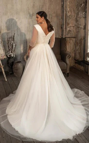 Casual V-neck A Line Tulle Court Train Wedding Dress with Ruching