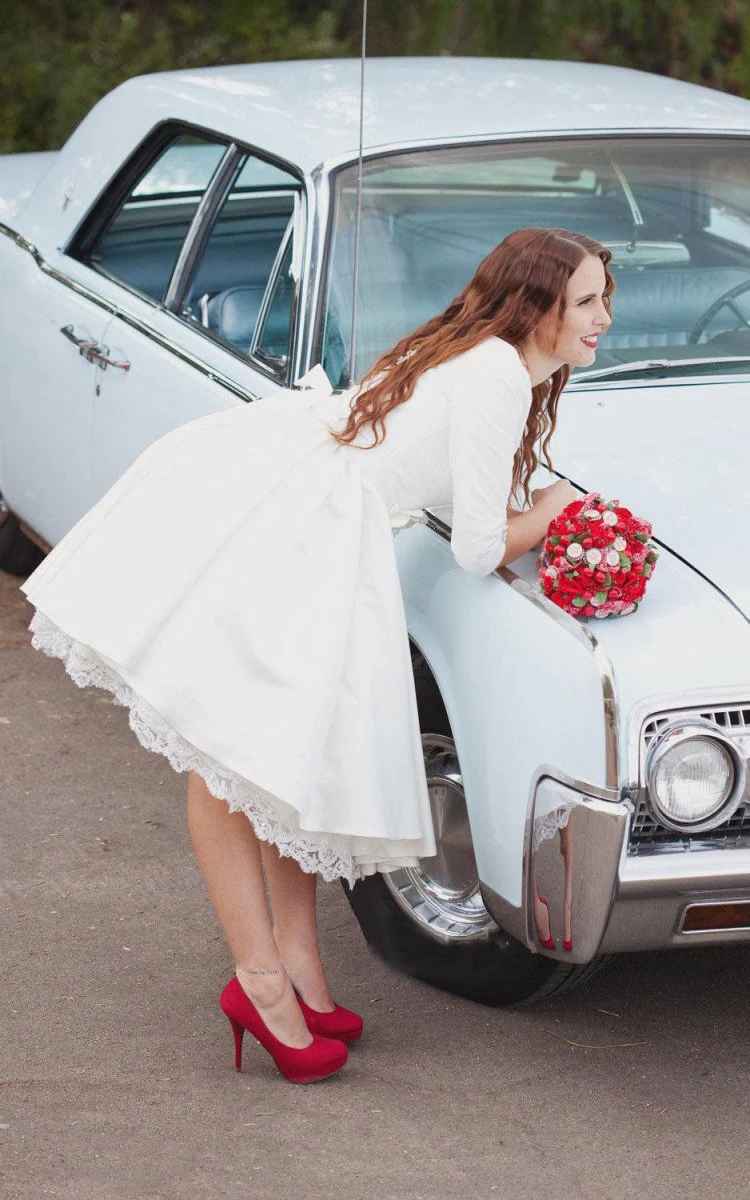 Knee Length Wedding Dress With 3/4 Sleeves