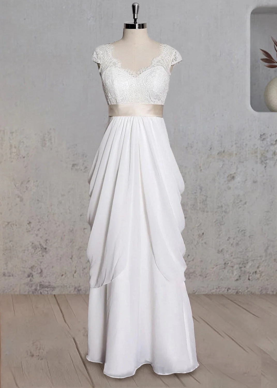 Special Design Lace Cap Sleeve Chiffon Skirt With Champagne Sash