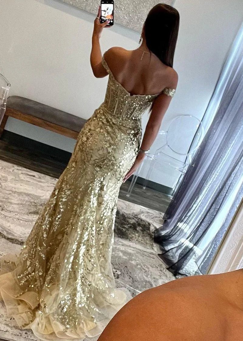 Soleil | Gold Sequin Lace Off the Shoulder Mermaid Prom Dress
