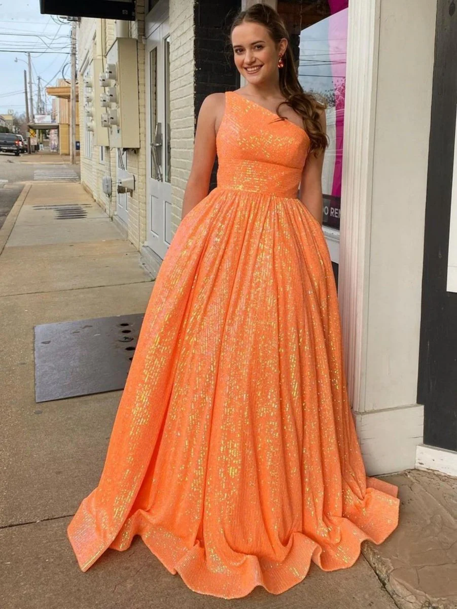 Charlee |A-Line One Shoulder Sequins Prom Dress with Pockets