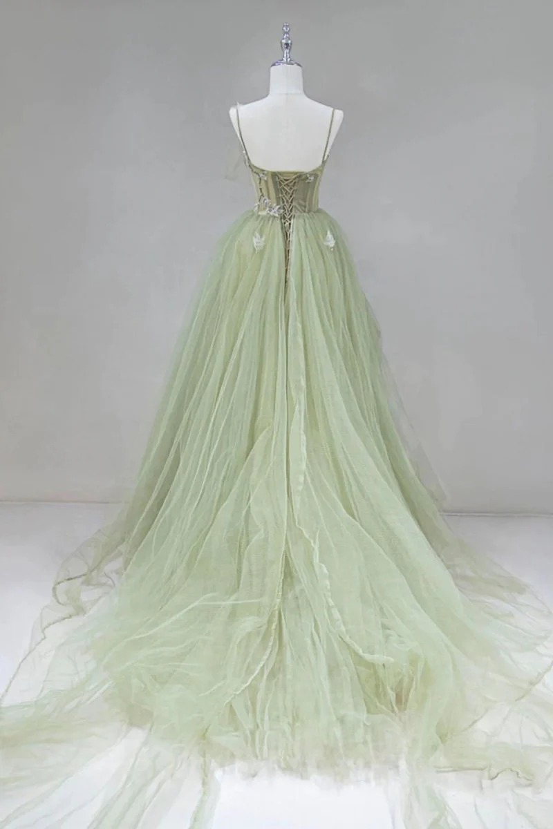 A Line Corset Back Sage Green Tulle Long Dresses