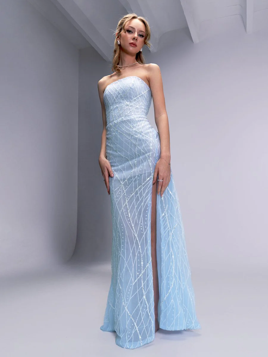 Celia | A-line Strapless Blue Long Prom Dresses Unique Evening Dress