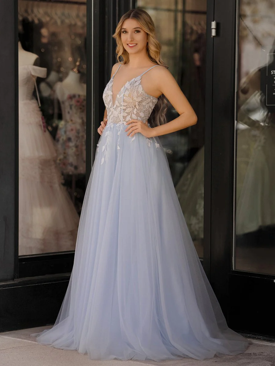 Cynthia | Light Blue V Neck Lace-Up Appliques Tulle Long Prom Dress