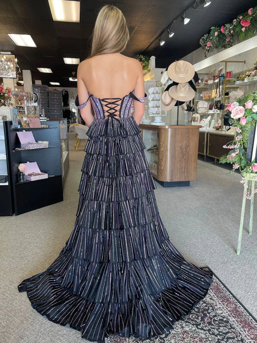 Verve | A Line V Neck Satin Tiered Long Prom Dresses With Beads