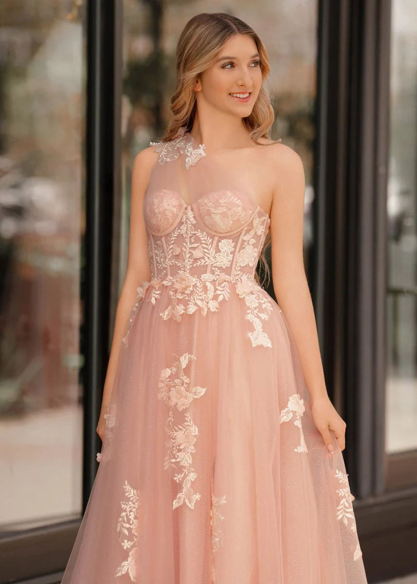 A Line One Shoulder Black Long Prom Dress with Appliques