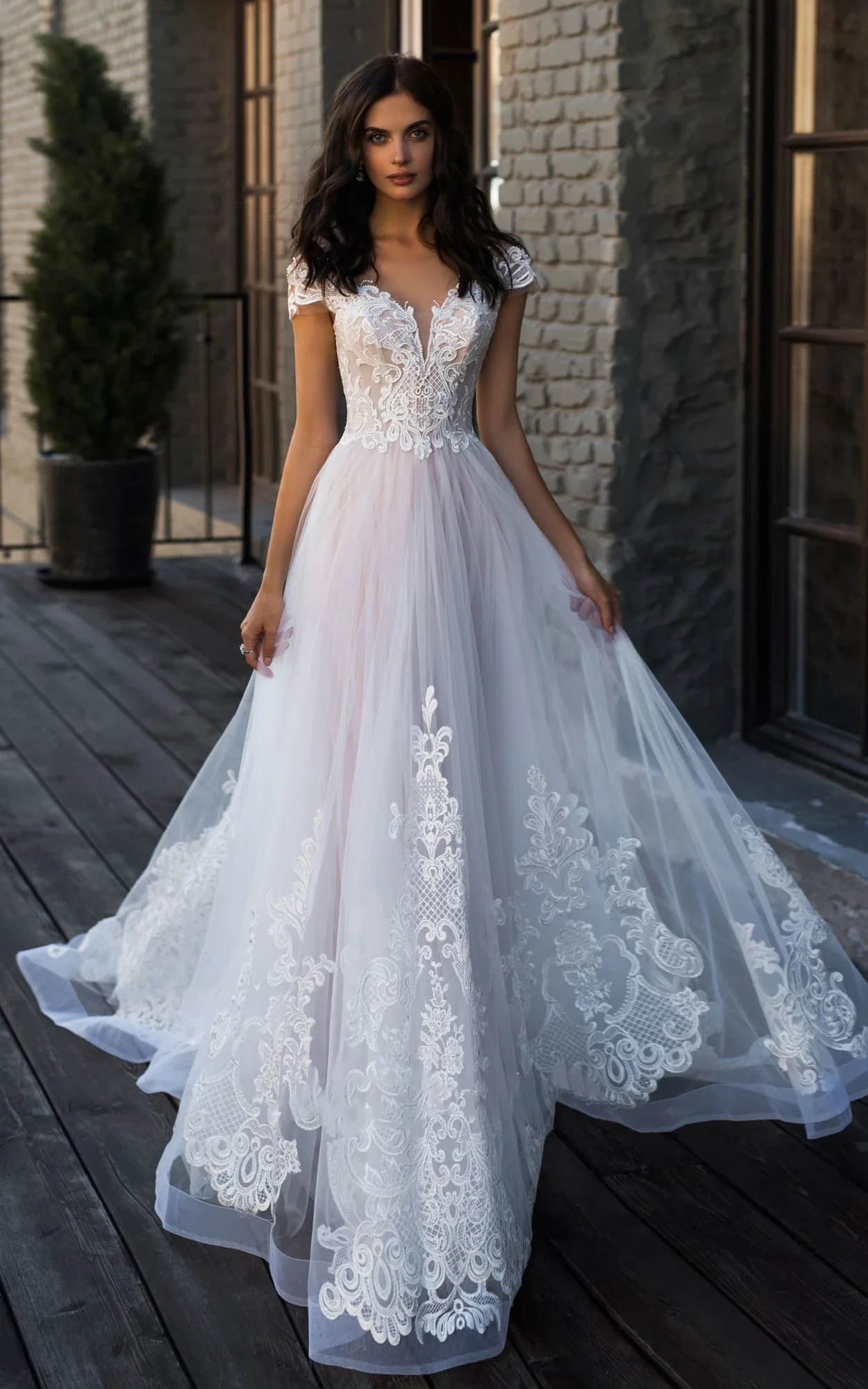 Ethereal Lace and Tulle V-neck A Line Chapel Train Wedding Dress with Appliques