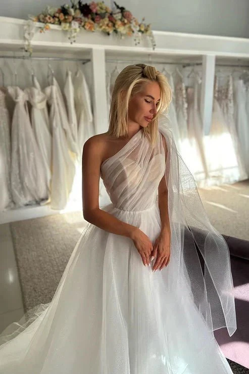 Glitter One Shoulder Bowknot Tulle Wedding Dress Bridal Gowns With Train