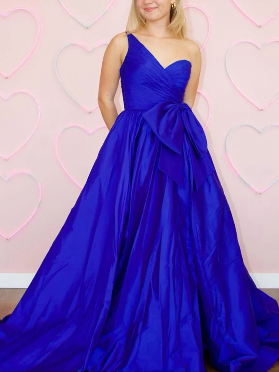 Elvinia | One Shoulder Satin A Line Prom Dress With Bow