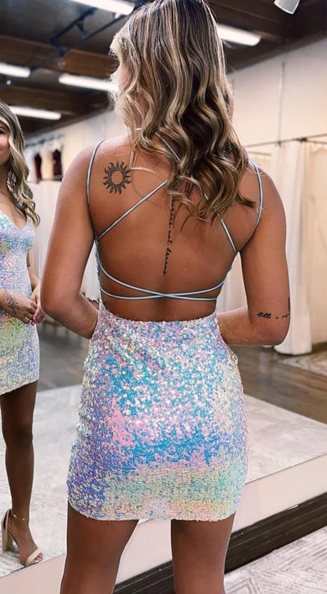 Valencia |Sheath V Neck Blue Sequins Homecoming Dress