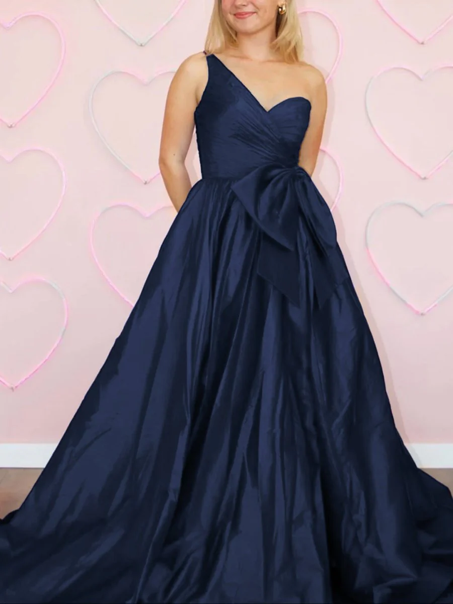 Elvinia | One Shoulder Satin A Line Prom Dress With Bow